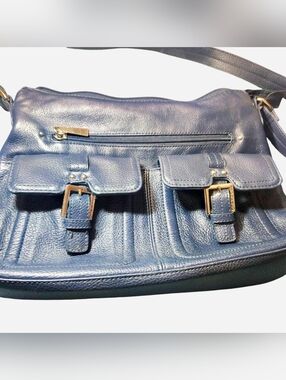 Stone & Co. Navy Blue Leather Crossbody Bag with Front Buckle Pockets